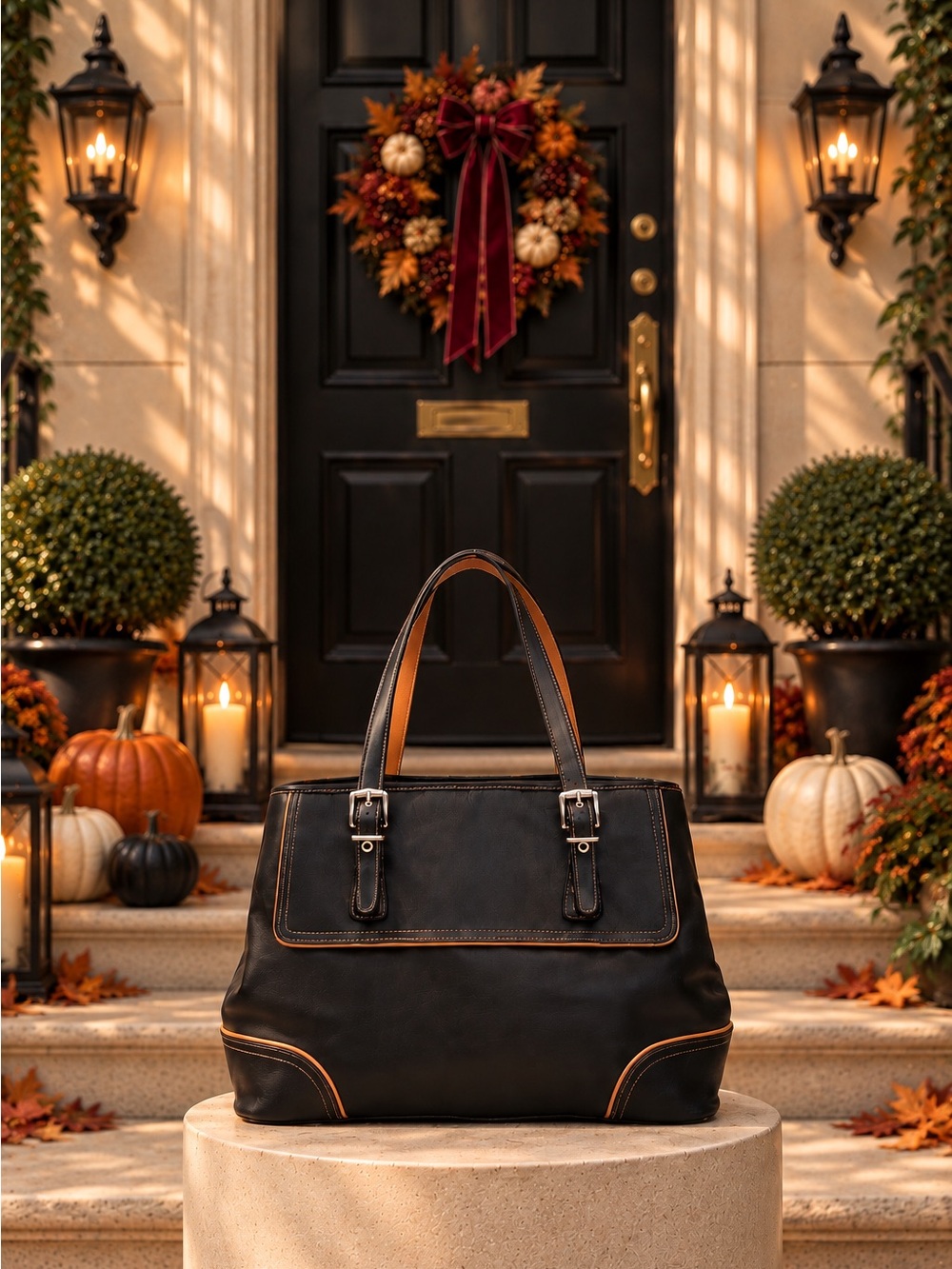 COACH Hamptons Satchel Black/Cognac Leather 2003 Vintage Y2K Shoulder Bag